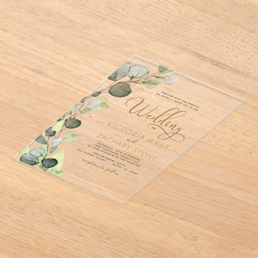 Moderne minimalistische groene blad eucalyptus bru acryl uitnodigingen (Laagn)