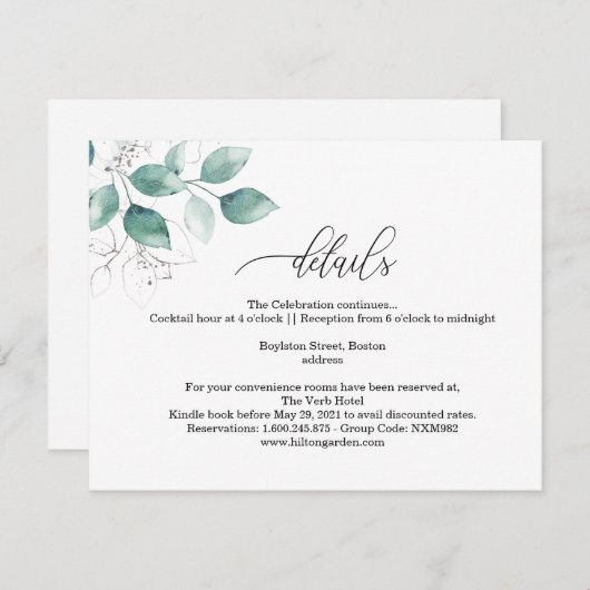 Moderne minimalistische groene bruiloft - Details  Informatiekaartje (Voorkant / Achterkant)