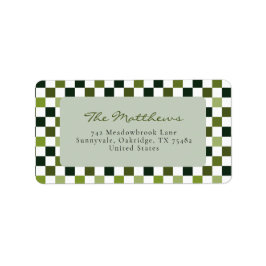 Moderne Minimalistische Groene Check Kerstterugkee Etiket