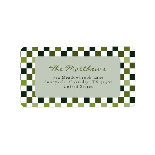Moderne Minimalistische Groene Check Kerstterugkee Etiket (Voorkant)