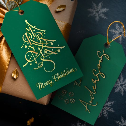 Moderne minimalistische groene en gouden kerst cadeaulabel