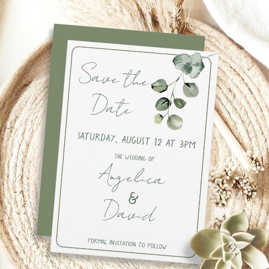 Moderne minimalistische groene eucaluptus bruiloft save the date