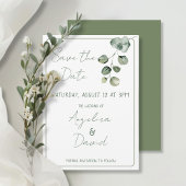 Moderne minimalistische groene eucaluptus bruiloft save the date