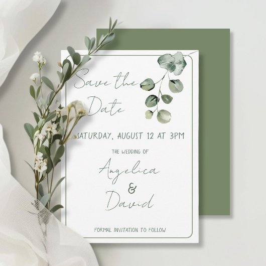 Moderne minimalistische groene eucaluptus bruiloft save the date
