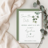 Moderne minimalistische groene eucaluptus bruiloft save the date