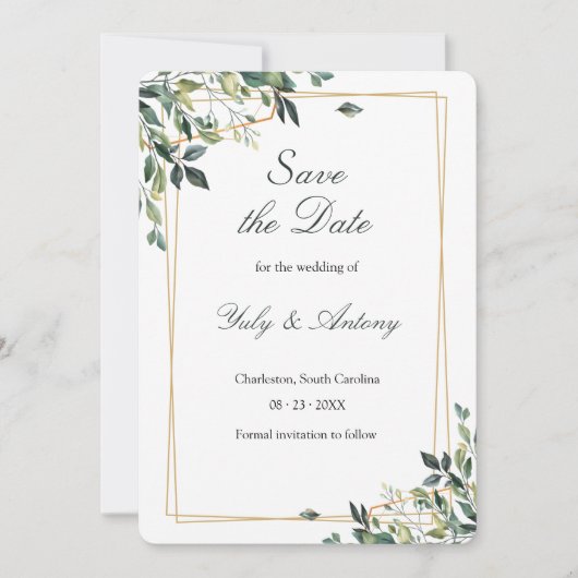 Moderne Minimalistische Groene Eucalyptus Save The Date (Voorkant)