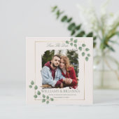 Moderne Minimalistische Groene Foto Huwelijksaanko Save The Date (Staand voorkant)