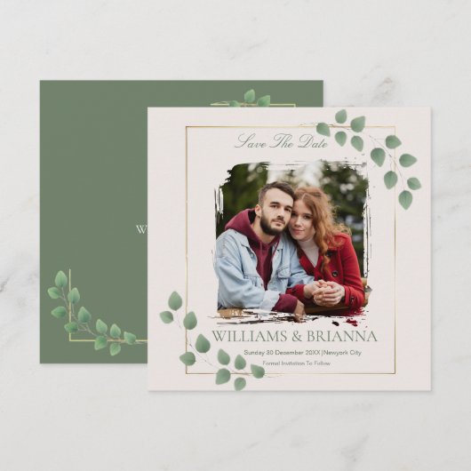 Moderne Minimalistische Groene Foto Save The Date (Voorkant / Achterkant)