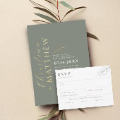 Moderne minimalistische groene salie bruiloft goud folie uitnodiging