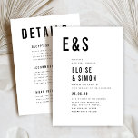 Moderne minimalistische grote gedurfde monogram de kaart<br><div class="desc">Maak een gedurfde en moderne uitspraak met deze zwart-wit minimalistische details op de achterste huwelijksuitnodiging met schone elegante typografie. Perfect voor hedendaagse koppels die een strak, stijlvol ontwerp waarderen. Deze uitnodiging belicht uw initialen in groot serif lettertype en biedt trouwdetails met een moderne lay-out, waardoor het ideaal is voor bruiloften...</div>
