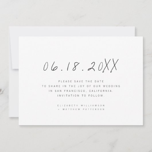 Moderne minimalistische handgeschreven bruiloft save the date (Voorkant)
