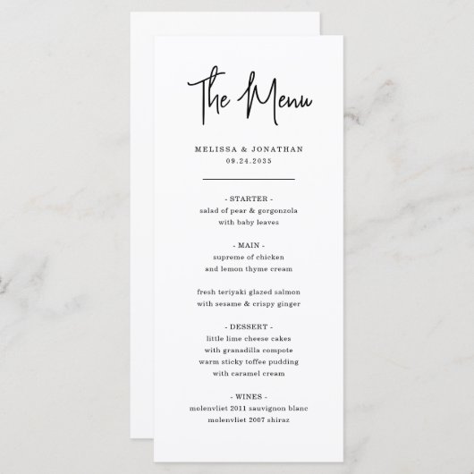 Moderne minimalistische handschrift script bruilof menu (Voorkant / Achterkant)