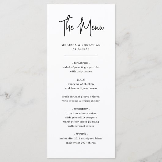 Moderne minimalistische handschrift script bruilof menu (Voorkant)