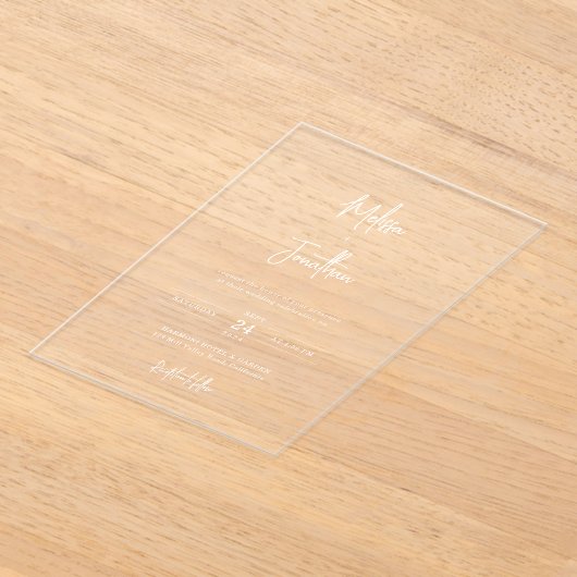 Moderne minimalistische handschrift witte namen br acryl uitnodigingen (Laagn)