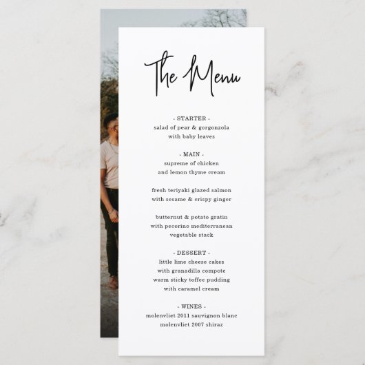 Moderne minimalistische handschriftenfoto bruiloft menu (Voorkant / Achterkant)