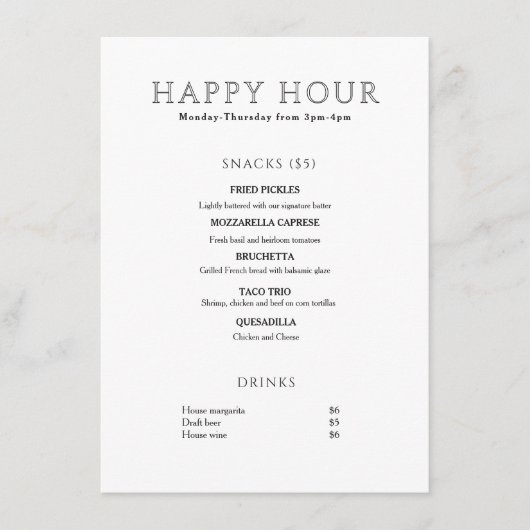 Moderne Minimalistische Happy Hour Menu (Voorkant)