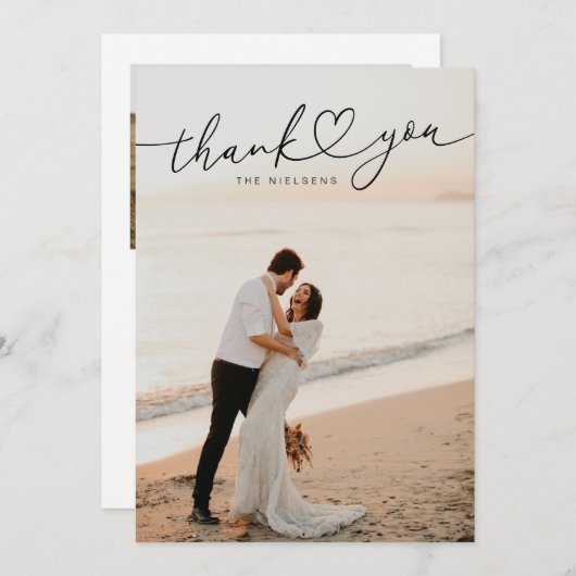 Moderne minimalistische hart script bruiloft bedankkaart (Voorkant / Achterkant)