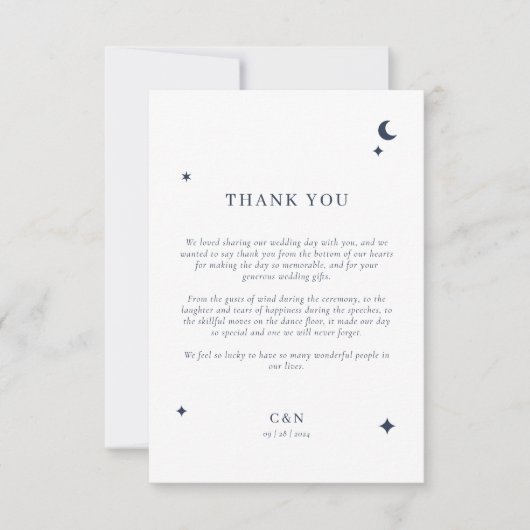 Moderne minimalistische hemelse maan sterren bruil bedankkaart (Voorkant)