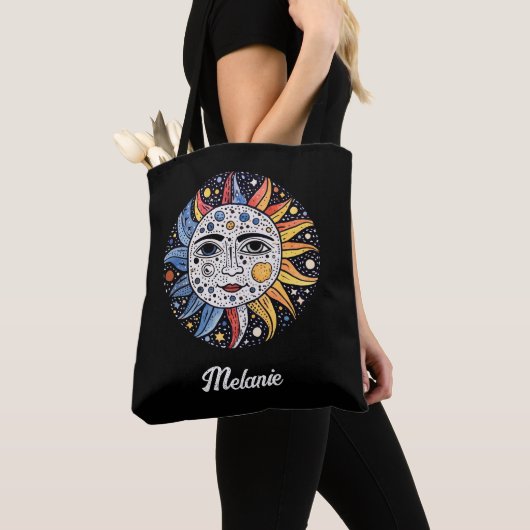 Moderne minimalistische hemelzon maan monogram tote bag (Dichtbij)