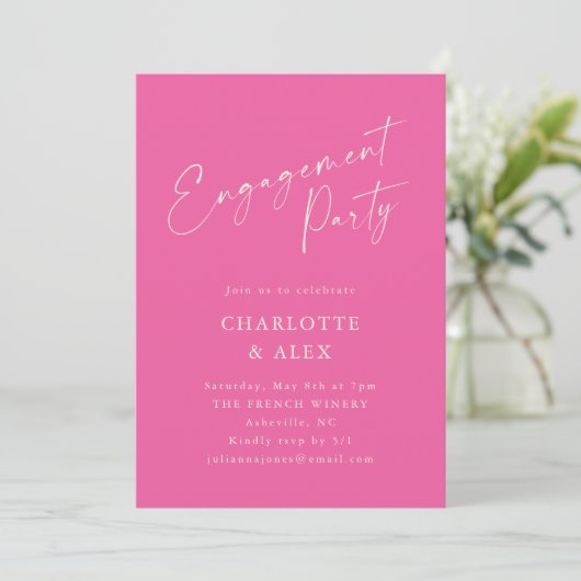 Moderne minimalistische Hot Pink Script Engagement Kaart (Staand voorkant)