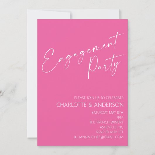 Moderne minimalistische Hot Pink Script Engagement Kaart (Voorkant)
