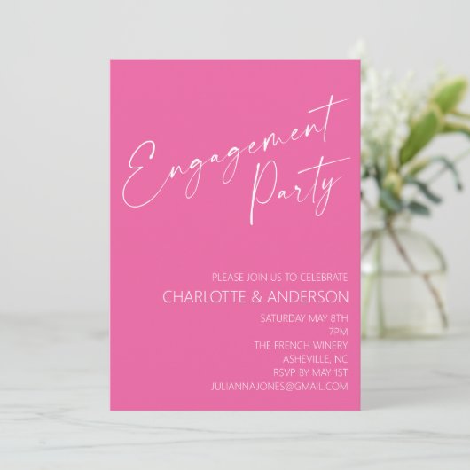 Moderne minimalistische Hot Pink Script Engagement Kaart (Staand voorkant)