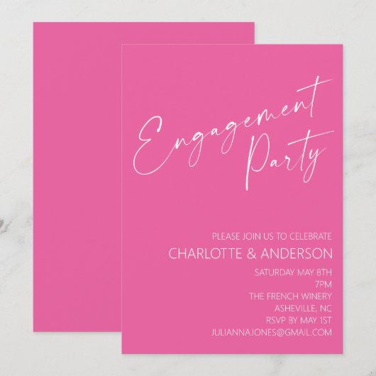 Moderne minimalistische Hot Pink Script Engagement Kaart (Voorkant / Achterkant)