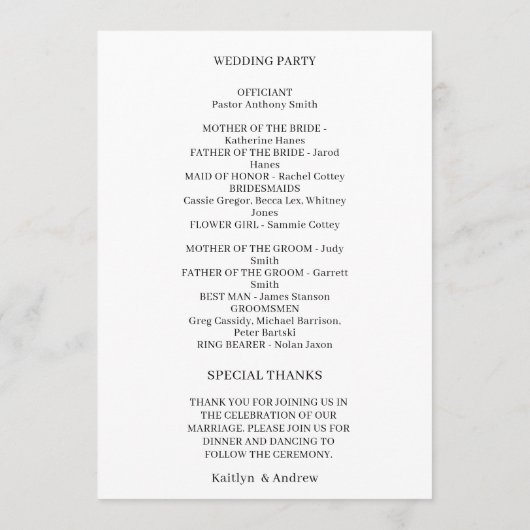 Moderne minimalistische huwelijksceremonie, handge programmakaart (Achterkant)