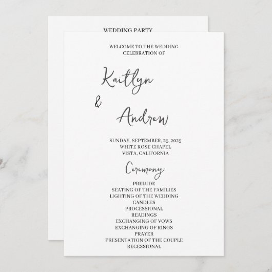 Moderne minimalistische huwelijksceremonie, handge programmakaart (Voorkant / Achterkant)