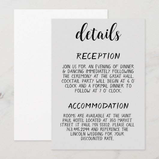 Moderne Minimalistische Huwelijksdetails Bijgevoeg Kaart (Voorkant / Achterkant)