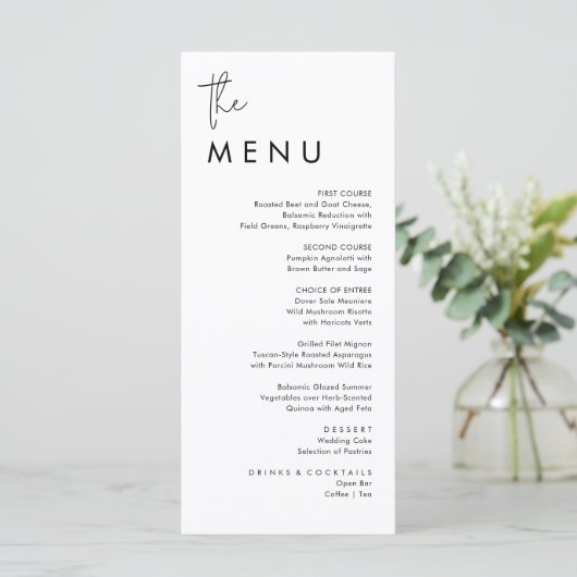 Moderne minimalistische huwelijksreceptie dank u & menu (Staand voorkant)