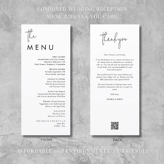Moderne minimalistische huwelijksreceptie dank u & menu
