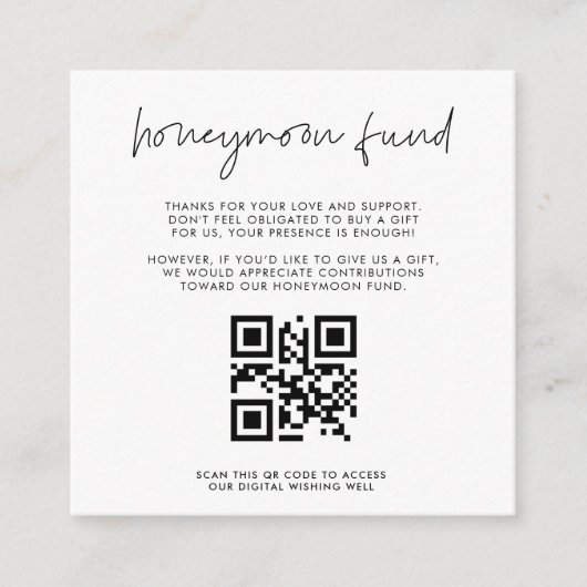 Moderne minimalistische huwelijksreis fonds QR-cod Informatiekaartje (Voorkant)