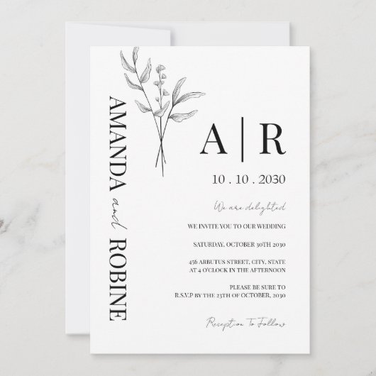 Moderne minimalistische Initialen bruiloft uitnodi Kaart (Voorkant)