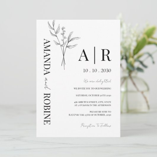 Moderne minimalistische Initialen bruiloft uitnodi Kaart (Staand voorkant)