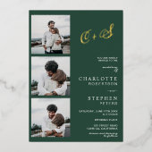 Moderne minimalistische initialen foto groene goud folie uitnodiging (Voorkant)