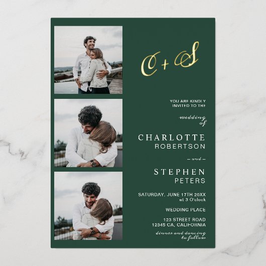 Moderne minimalistische initialen foto groene goud folie uitnodiging (Voorkant)