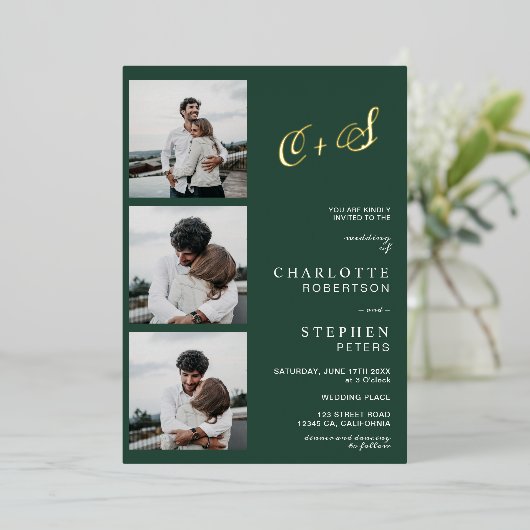 Moderne minimalistische initialen foto groene goud folie uitnodiging (Staand Voorkant)