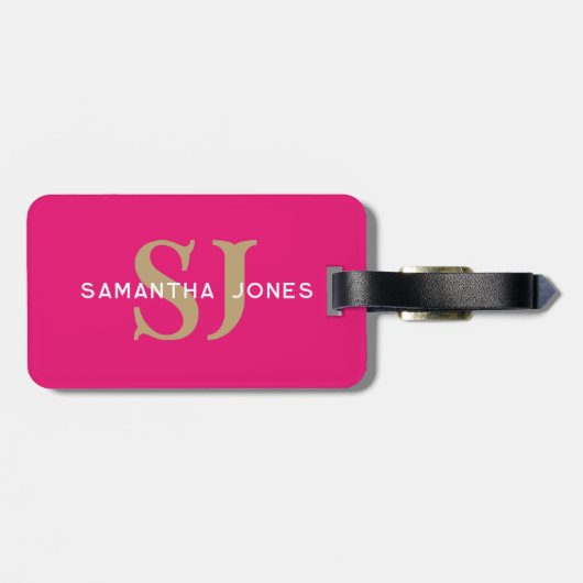 Moderne minimalistische Initialen Hot roze monogra Bagagelabel (Achterkant horizontaal)