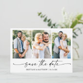 Moderne minimalistische inkt Script 3 foto QR code Save The Date (Staand voorkant)