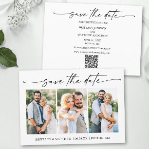Moderne minimalistische inkt script 3 foto's QR co Save The Date