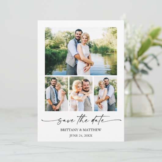 Moderne Minimalistische Inkt Script Koppel 4 Foto' Save The Date (Staand voorkant)