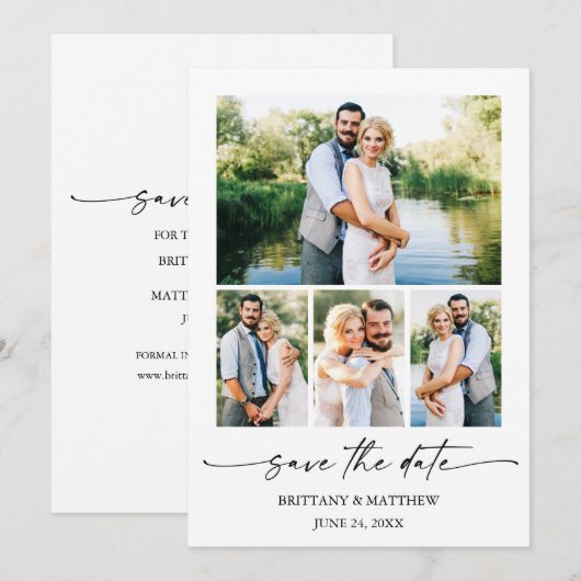 Moderne Minimalistische Inkt Script Koppel 4 Foto' Save The Date (Voorkant / Achterkant)