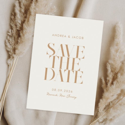 Moderne minimalistische ivoor tan chique bruiloft save the date