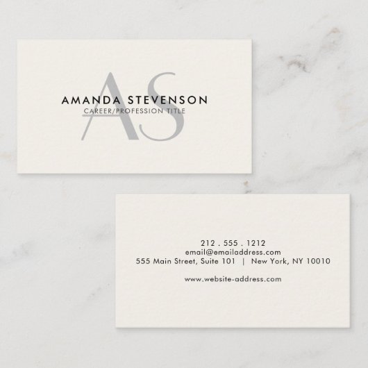 Moderne minimalistische ivoren/zwarte monogrammen visitekaartje (Voorkant / Achterkant)