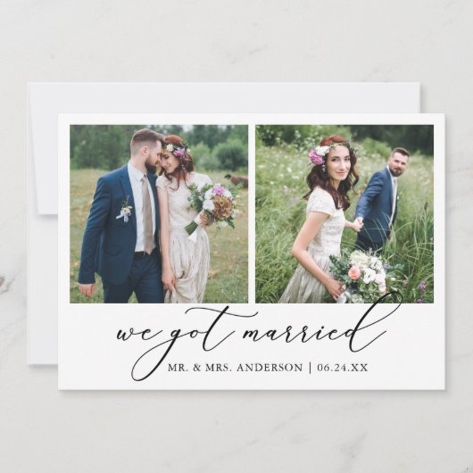 Moderne minimalistische kalligrafie 2 foto's bruil aankondiging (Voorkant)