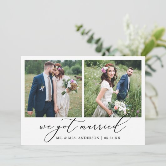 Moderne minimalistische kalligrafie 2 foto's bruil aankondiging (Staand voorkant)