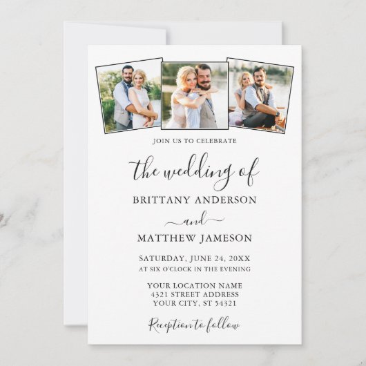 Moderne minimalistische kalligrafie 3 Fotobruiloft Kaart (Voorkant)