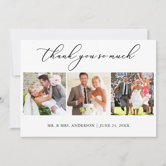 Moderne minimalistische kalligrafie 3 Foto's bruil Bedankkaart (Voorkant)