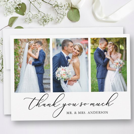 Moderne minimalistische kalligrafie bruiloft 3 fot bedankkaart